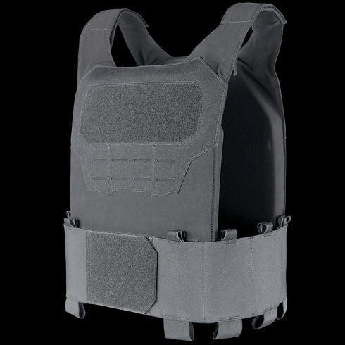 The Condor Specter Plate Carrier is a black vest with adjustable straps and Velcro panels on the front and waist, designed for use with body armor plates—ideal for first responders and law enforcement.